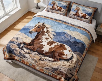 Juego de ropa de cama con edredón de caballos, colcha de caballo estilo western, edredón de caballo estilo rancho, regalo para amantes de los caballos, decoración de dormitorio estilo granja.