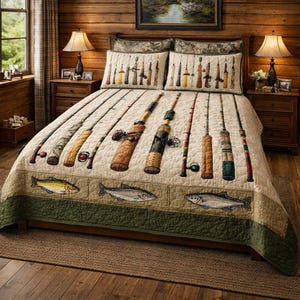 May include: A beige quilt with a fishing theme, featuring fishing rods and fish. The quilt has a green border and matching pillow shams with fishing rod designs. The bed is in a rustic bedroom with wooden furniture.