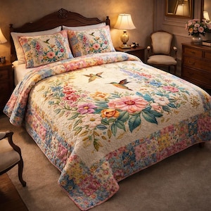 May include: A floral quilt set with matching pillowcases. The quilt features a cream background with a large floral design in pink, blue, and yellow. Two hummingbirds are in flight. The pillowcases and quilt border have a patchwork design.