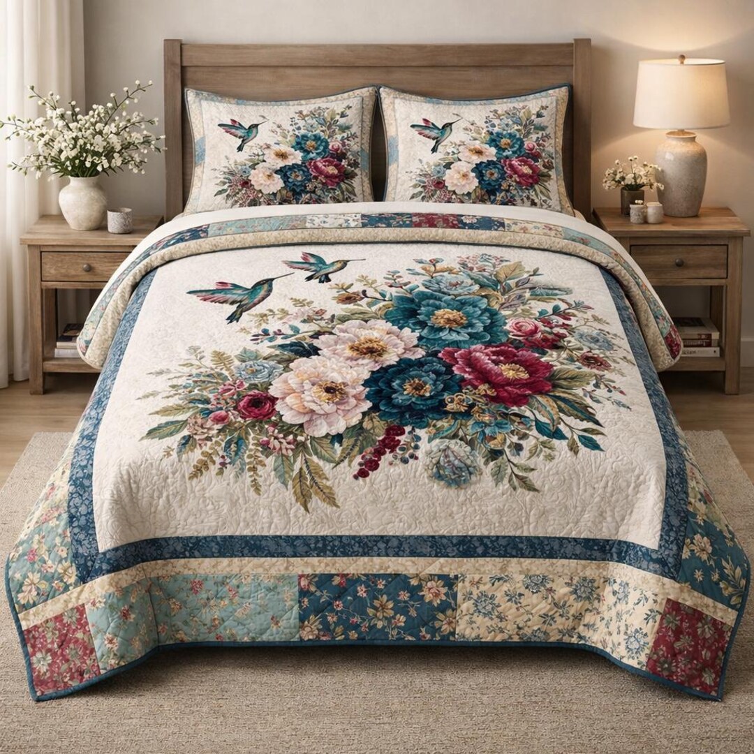Hummingbird Floral Quilt Bedding Set, Vintage Flower Comforter ...