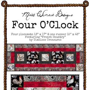 May include: Four placemats and a table runner featuring a rooster design. The placemats are 13 inches by 17 inches and the runner is 15 inches by 43 inches. The fabric features a black and white rooster design with a red and white paisley border. The fabric is called "French Country" by Timeless Treasures.