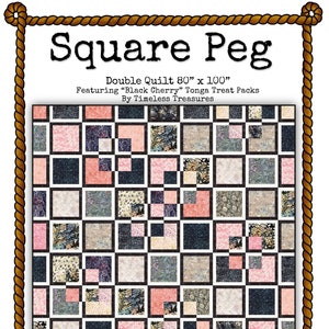 May include: A quilt pattern called "Square Peg" featuring a black and white checkerboard pattern with pink and grey squares. The quilt is 80 inches by 100 inches and uses "Black Cherry" Tonga Treat Packs by Timeless Treasures. The text "Miss Winnie Designs" is at the bottom of the image.
