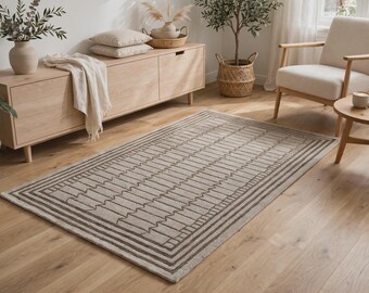Hand Tufted Wool Area Rug, Beige Brown Geometric Rug, Modern Minimalist Living Room Bedroom Carpet