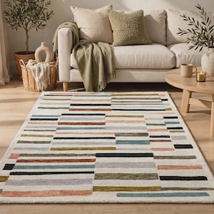 May include: A rectangular area rug featuring a cream-colored base with a repeating pattern of horizontal stripes in various lengths and colors, including black, terracotta, sage green, light blue, and gray, arranged in a block-like layout.