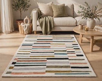 Modern Ivory Multicolor Striped Wool Area Rug, Hand Tufted Contemporary Geometric Living Room Decor