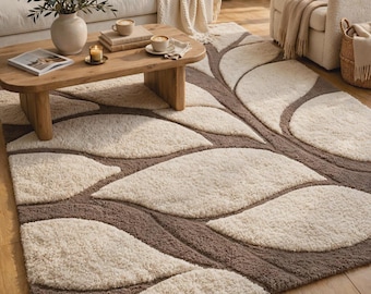 Hand Tufted Wool Rug, Cream Brown Leaf Pattern Area Rug, Modern Nature Inspired Living Room Carpet