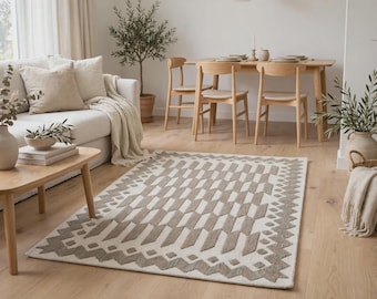 Hand Tufted Wool Rug, Ivory Beige Geometric Area Rug, Tribal Modern Boho Living Room Carpet