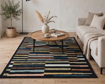 Hand Tufted Wool Rug, Black Abstract Striped Area Rug, Colorful Modern Geometric Living Room Carpet