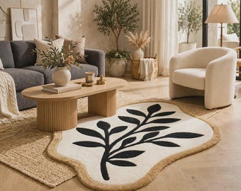 Hand Tufted Wool Rug, Black Leaf Botanical Carpet, Cream Mustard Border, Organic Shaped Modern Area Rug