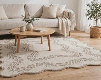 Hand Tufted Wool Rug, Ivory Cream Scalloped Area Rug, Neutral Vintage Boho Living Room Decor