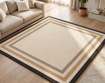 Hand-Tufted Wool Geometric Border Rug, Cream Beige Charcoal Area Carpet