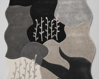 Modern Abstract Area Rug, Black Gray Beige Wool Carpet, Sculpted High Low Pile Botanical Accent Rug