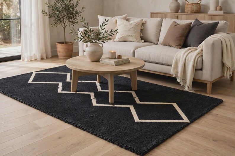 May include: A rectangular area rug featuring a deep black base color with a prominent white geometric pattern consisting of interconnected diamond shapes. The rug has a textured, tufted surface and is positioned on a light-colored wooden floor.