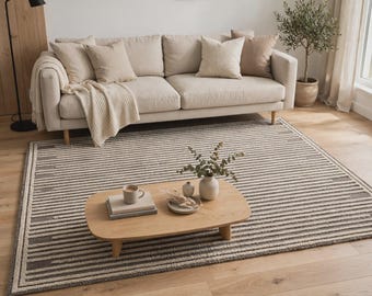 Hand Tufted Wool Rug, Neutral Striped Area Rug, Beige Brown Modern Minimalist Living Room Carpet