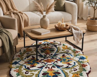 Hand Tufted Wool Rug, Floral Area Rug, Persian Inspired Accent Carpet, Colorful Boho Home Decor