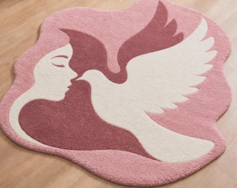 Pink Dove Area Rug, Romantic Couple Design, Irregular Shaped Carpet (Bedroom Decor)