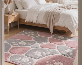 Pink Grey Floral Area Rug, Modern Abstract Flower Carpet, Soft Bedroom Rug, Feminine Home Decor