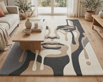 Abstract Face Rug, Modern Artistic Area Rug, Beige Gray Cream Carpet, Contemporary Living Room Decor