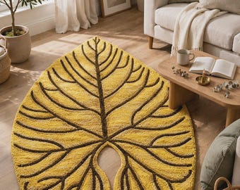 Mustard Yellow Leaf Rug, Botanical Area Rug, Nature Inspired Carpet, Modern Boho Accent Rug for Home Decor