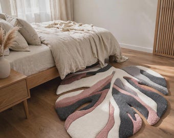 Abstract Leaf Rug, Pink Gray Ivory Area Carpet, Modern Organic Shaped Rug for Bedroom Decor