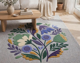 Hand Tufted Wool Rug, Colorful Floral Area Rug, Botanical Flower Carpet for Modern Home Decor