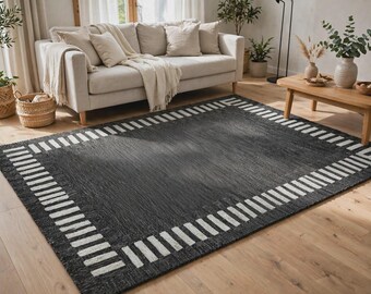 Black White Wool Rug, Hand Tufted Geometric Area Rug, Modern Striped Border Carpet for Living Room