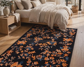 Hand Tufted Wool Rug, Black Orange Floral Area Rug, Blue Vine Botanical Carpet, Modern Boho Home Decor