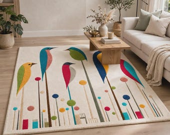 Hand Tufted Wool Bird Rug, Colorful Nature Art Carpet, Modern Living Room Decor