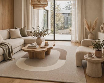 Hand Tufted Wool Rug, Beige Taupe Ivory Abstract Arch for Modern Minimalist Living Room
