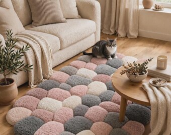 Modern High Low Textured Pebble Rug Blush Pink Grey Ivory Accent Carpet Living Room