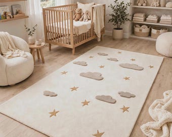 Hand Tufted Wool Star Rug, Cream Cloud Nursery Carpet, Celestial Kids Bedroom Decor, Dreamy Area Rug