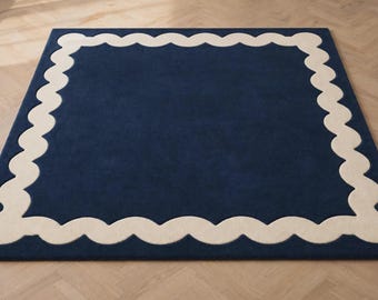 Navy Blue Ivory Wool Rug, Hand Tufted Modern Area Rug, Wavy Border Minimalist Living Room Carpet