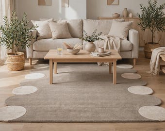 Scalloped Area Rug, Taupe Ivory Wool Rug, Modern Minimalist Designer Carpet for Living Room Bedroom Decor