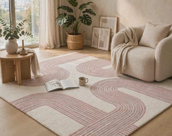 Modern Geometric Wool Rug, Dusty Pink Ivory Area Carpet, Abstract Minimalist Living Room Bedroom Decor