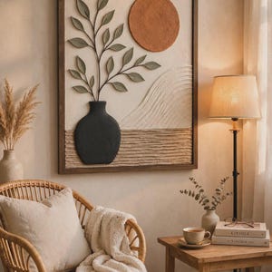 May include: A rectangular wall art piece in a dark wood frame featuring a textured cream background with a black vase holding a leafy green branch, a large terracotta-colored circle, and raised horizontal lines representing a landscape.