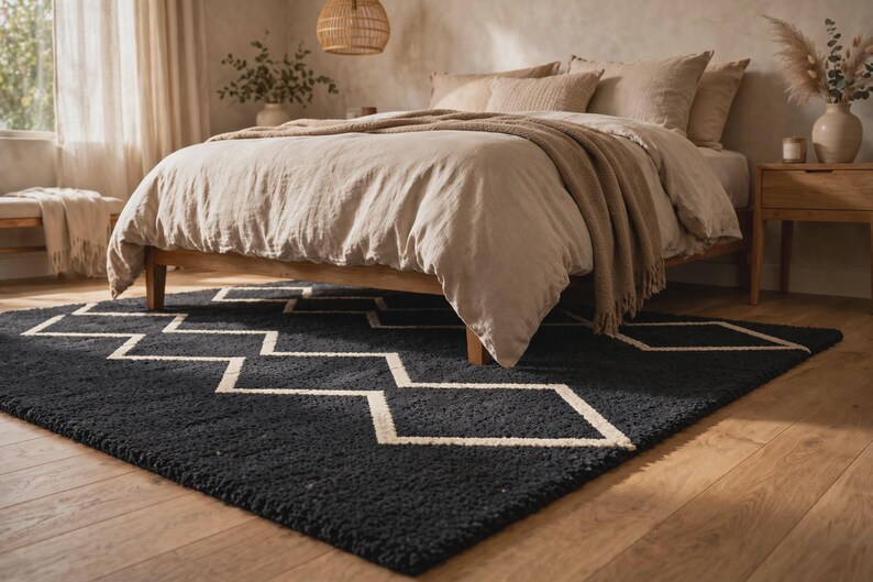 May include: A rectangular area rug featuring a deep charcoal black base with a contrasting white geometric zigzag pattern. The rug has a thick, textured pile and is positioned on a light-toned wooden floor beneath a wooden bed frame.