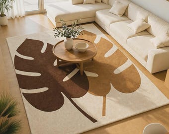 Hand Tufted Wool Area Rug, Abstract Monstera Leaf, Modern Botanical Carpet (Ivory, Brown, Tan)