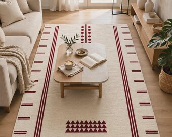 Ivory Burgundy Wool Rug, Modern Geometric Area Carpet, Minimalist Striped Floor Rug for Living Room Decor