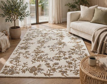 Hand Tufted Wool Rug, Cream Brown Floral Area Rug, Botanical Vine Carpet for Modern Living Room Decor
