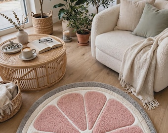 Pink Citrus Rug, Half Orange Shaped Bath Mat, Dusty Pink White Grey Cute Kitchen Decor