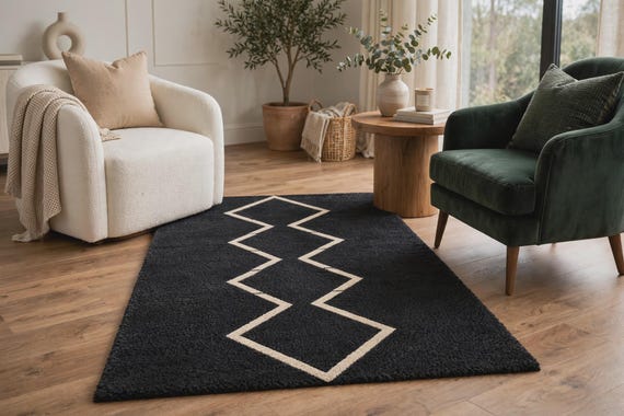 Black Cream Geometric Rug, Hand Tufted Wool Area Rug, Modern Minimalist Living Room Carpet