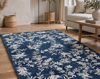 Navy Blue Floral Wool Rug Hand Tufted Botanical Area Rug for Living Room Decor