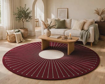 Round Burgundy Wool Rug, Hand Tufted Modern Geometric Area Rug, Cream Center, Green Sunburst Design