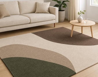 Hand Tufted Wool Rug, Modern Abstract Area Rug, Beige Brown Olive Green Minimalist Living Room Carpet