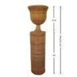 May include: A tall, light brown decorative candle holder. The candle holder is made of woven material and is 25.6 inches tall. The base is cylindrical, and the top has a flared, cup-like shape.