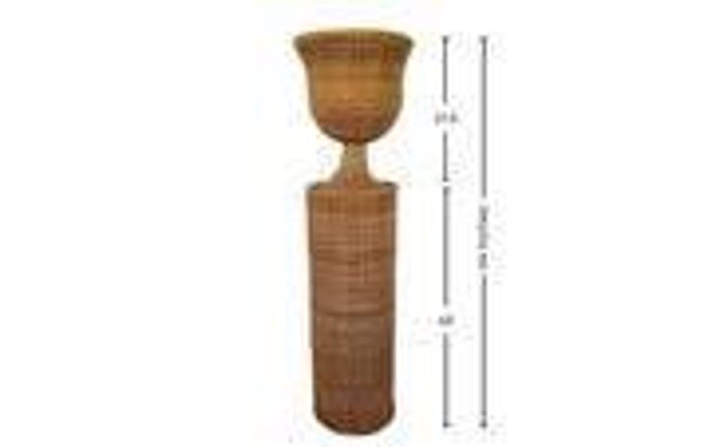 May include: A tall, light brown decorative candle holder. The candle holder is made of woven material and is 25.6 inches tall. The base is cylindrical, and the top has a flared, cup-like shape.