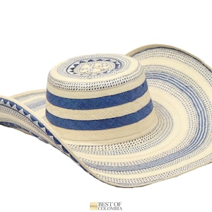 Puede incluir: Un sombrero tejido con un patrón geométrico en crema y azul. La copa presenta un diseño circular en la parte superior con rayas azules en los laterales. El ala ancha y curva está decorada con líneas azules concéntricas y un borde triangular.