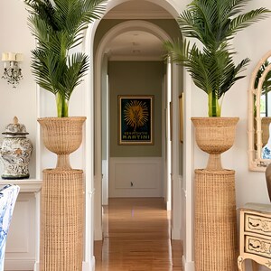 May include: Two tall, woven wicker plant stands, each supporting a lush green palm tree. The stands are cylindrical with a flared top, creating a symmetrical display in a bright hallway. A vintage Martini poster is visible in the background.