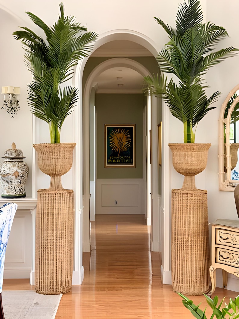 May include: Two tall, woven wicker plant stands, each supporting a lush green palm tree. The stands are cylindrical with a flared top, creating a symmetrical display in a bright hallway. A vintage Martini poster is visible in the background.