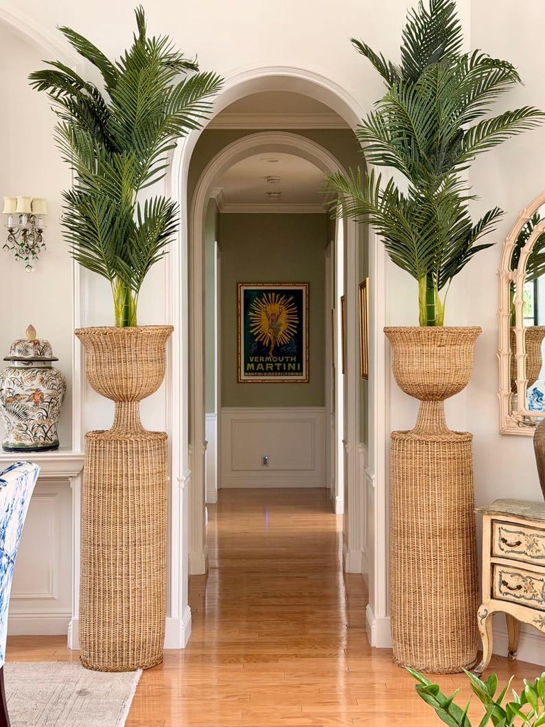 May include: Two tall, woven wicker plant stands, each supporting a lush green palm tree. The stands have a pedestal base and a flared top, creating a symmetrical display in a hallway. The hallway features a wooden floor and arched doorways.